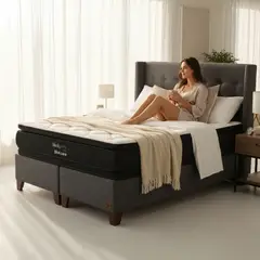 BLOCCARE - Cama 2 Plazas Box 30cm - L200cm +Colchon Black Prime - Modelo Dos +Respaldo/ Con Pata 11cm (Gris)