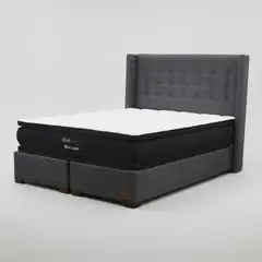 BLOCCARE - Cama King Box 30cm - L200cm +Colchon Black Prime - Modelo Dos +Respaldo/ Con Pata 4.5(Gris)