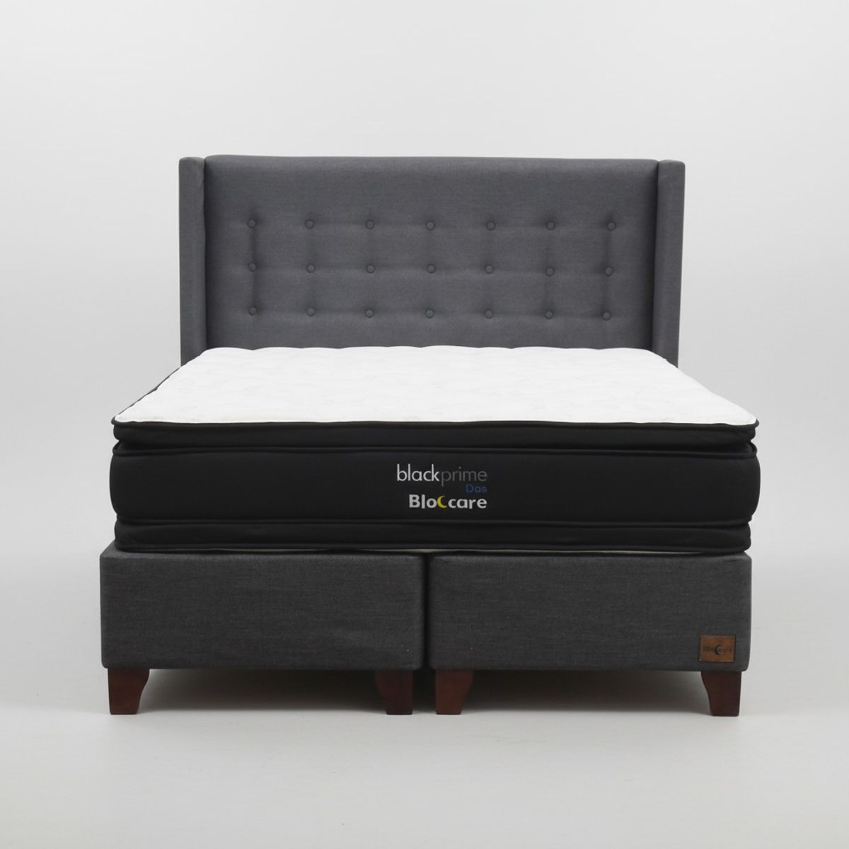 BLOCCARE - Cama King Box 30cm - L200cm  +Colchon Black Prime - Modelo Dos +Respaldo/ Con Pata 11 cm(Gris)