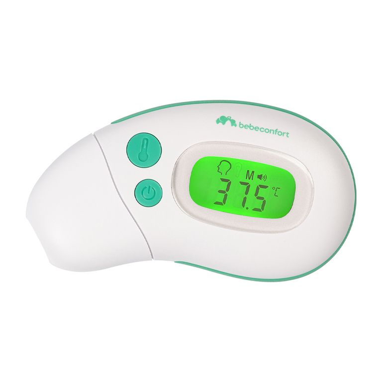Termómetro infrarrojo blanco y verde con pantalla digital iluminada