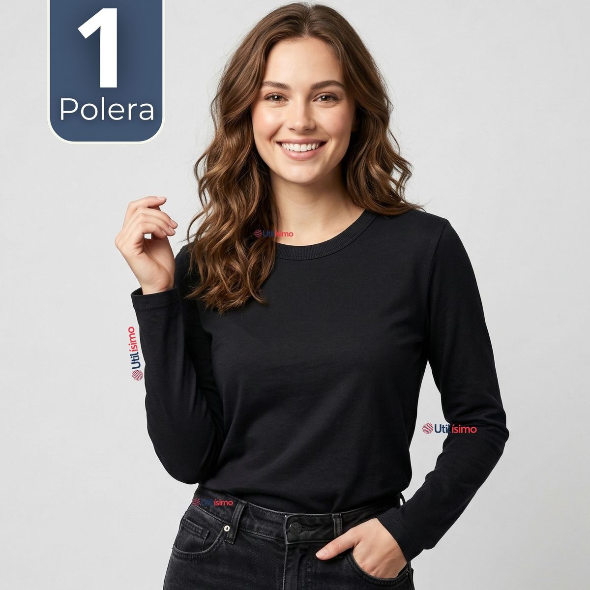 UTILISIMO - Camiseta Polera Polar Primera Capa Negro Manga Larga Mujer