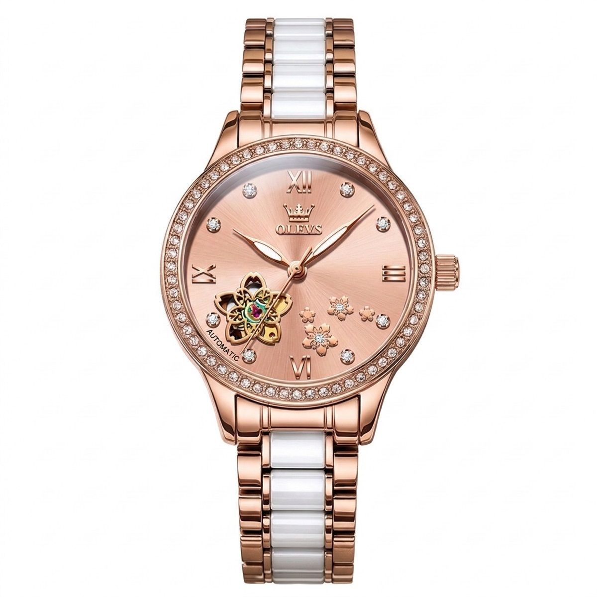 STARTECHOFFICE - Reloj Automático Mujer Elegante 32mm Acero Inoxidable y Cerámica Diseño Floral Cristales Decorativos