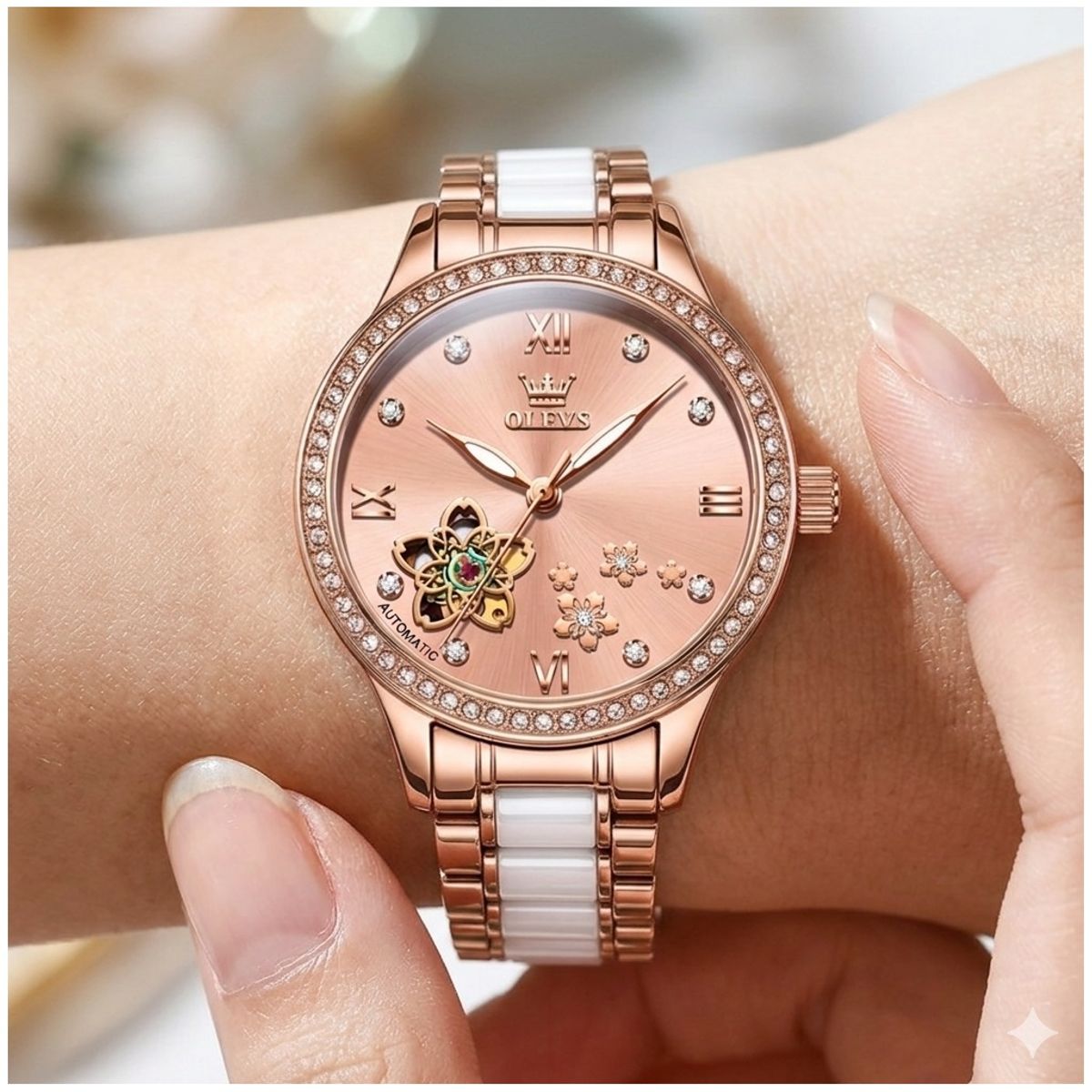 STARTECHOFFICE - Reloj Automático Mujer Elegante 32mm Acero Inoxidable y Cerámica Diseño Floral Cristales Decorativos
