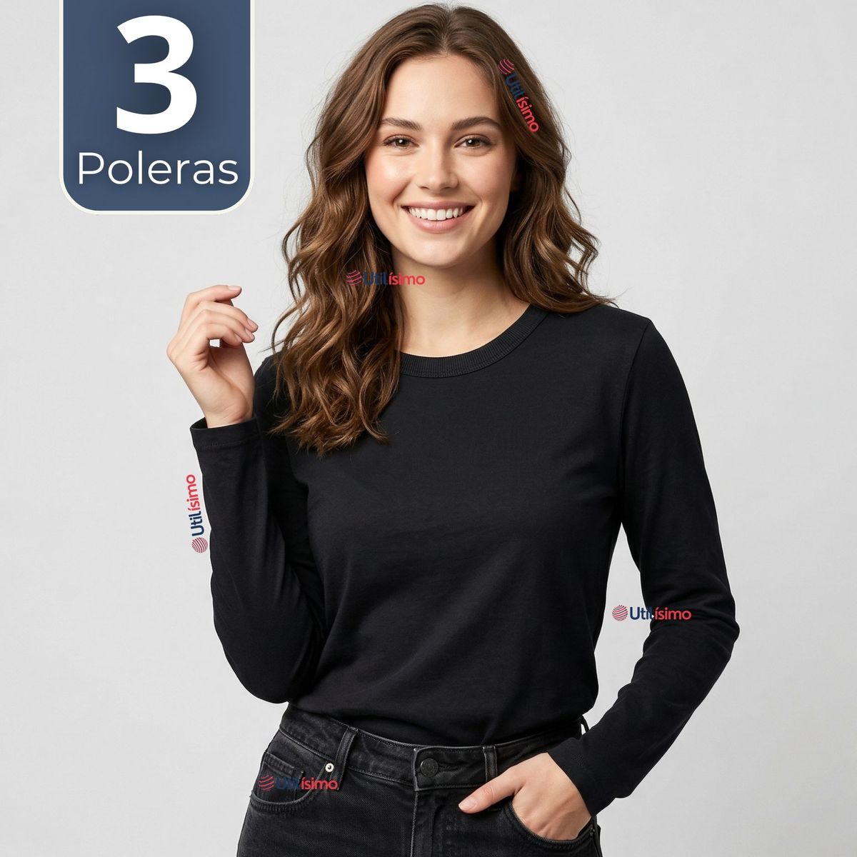 UTILISIMO - Pack 3 Camisetas Poleras Polar Primera Capa Negro Manga Larga Mujer