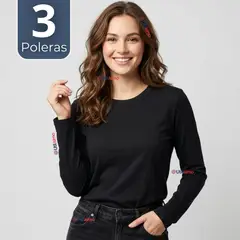 UTILISIMO - Pack 3 Camisetas Poleras Polar Primera Capa Negro Manga Larga Mujer