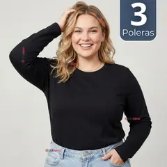 UTILISIMO - Pack 3 Camisetas Poleras Polar Primera Capa Negro Manga Larga Mujer