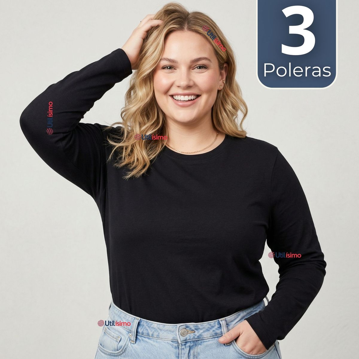 UTILISIMO - Pack 3 Camisetas Poleras Polar Primera Capa Negro Manga Larga Mujer