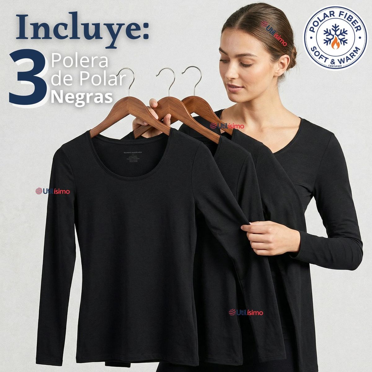 UTILISIMO - Pack 3 Camisetas Poleras Polar Primera Capa Negro Manga Larga Mujer