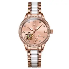 STARTECHOFFICE - Reloj Automático Mujer Lujo 32mm Correa de Acero Cerámica Esfera Floral Calada Cristales Decorativos
