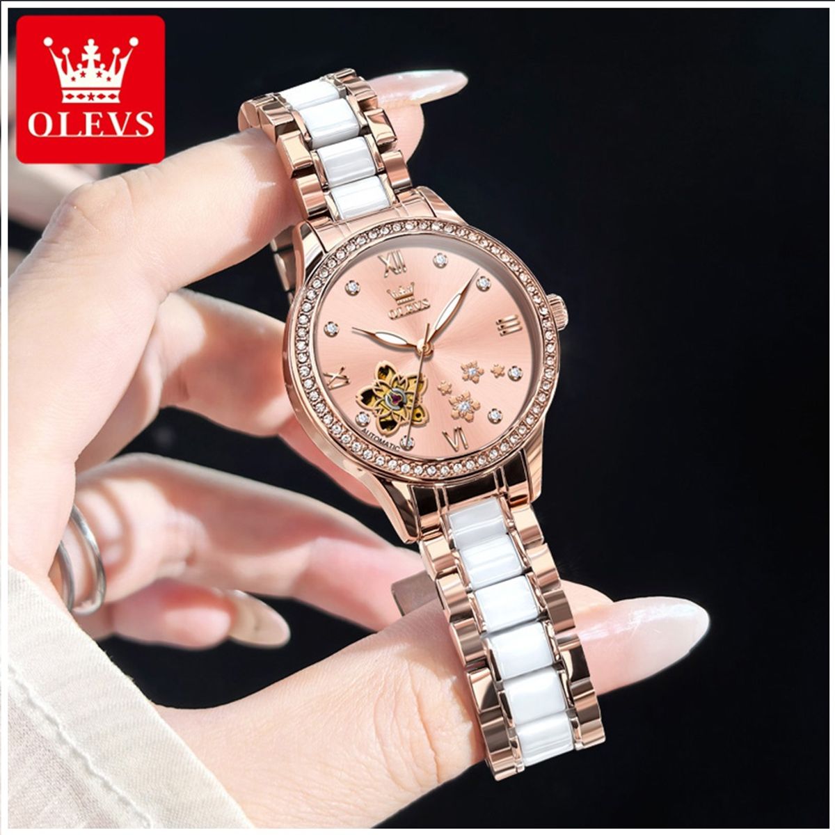 STARTECHOFFICE - Reloj Automático Mujer Lujo 32mm Correa de Acero Cerámica Esfera Floral Calada Cristales Decorativos