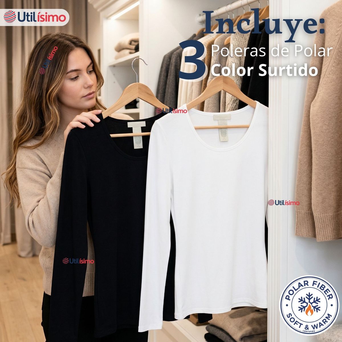 UTILISIMO - Pack 3 Camisetas Poleras Polar Primera Capa Manga Larga Colores Surtidos Mujer