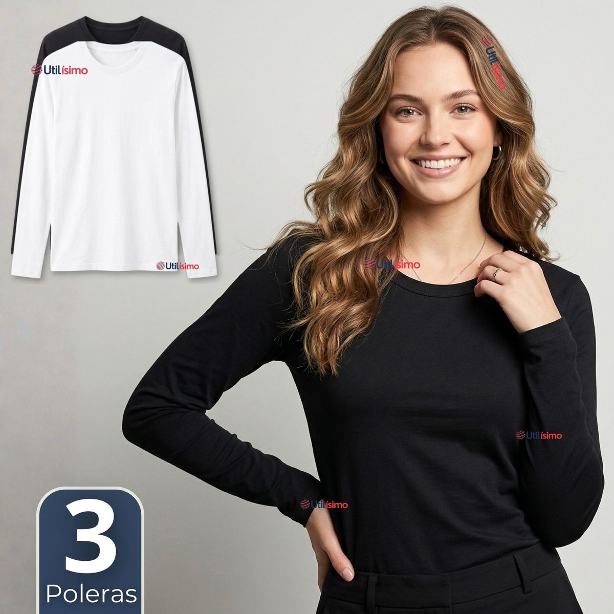 UTILISIMO - Pack 3 Camisetas Poleras Polar Primera Capa Manga Larga Colores Surtidos Mujer