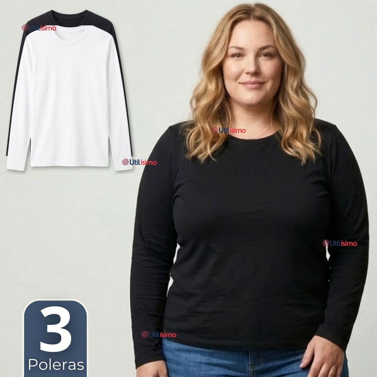 UTILISIMO - Pack 3 Camisetas Poleras Polar Primera Capa Manga Larga Colores Surtidos Mujer