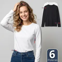 UTILISIMO - Pack 6 Camisetas Poleras Polar Primera Capa Manga Larga Colores Surtidos Mujer
