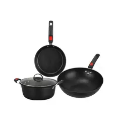 GENERICO - Set De Ollas Y Sartenes Antiadherentes Tipo Piedra 3 Piezas + Tapas