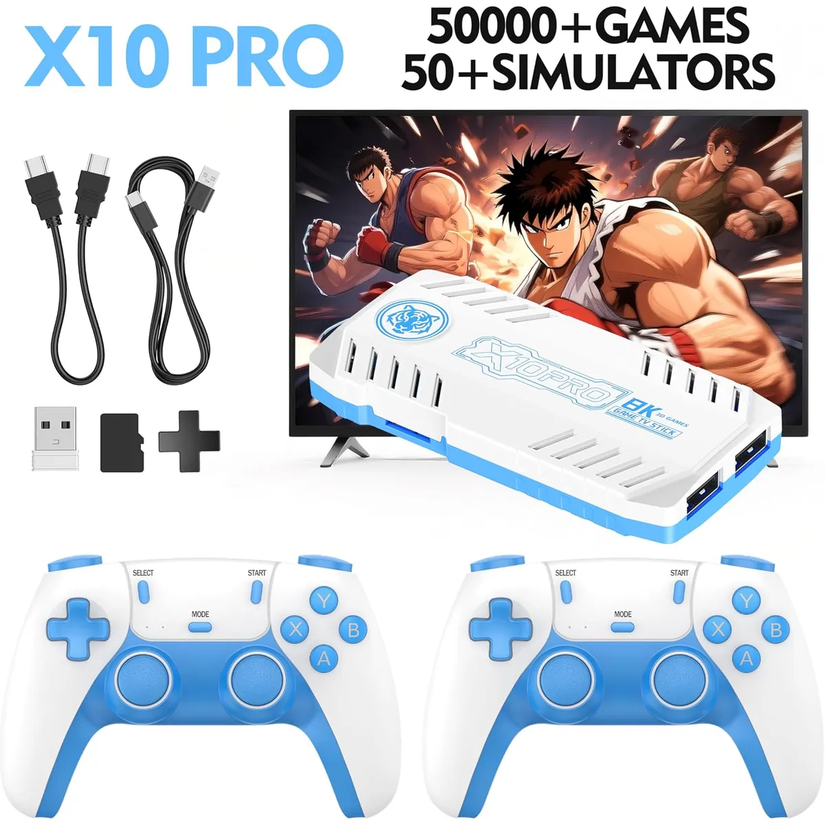 PUREPOWER - X10 PRO Retro Game Stick con más de 50000 juegos 4K HDMI HD Plug con 2 controladores