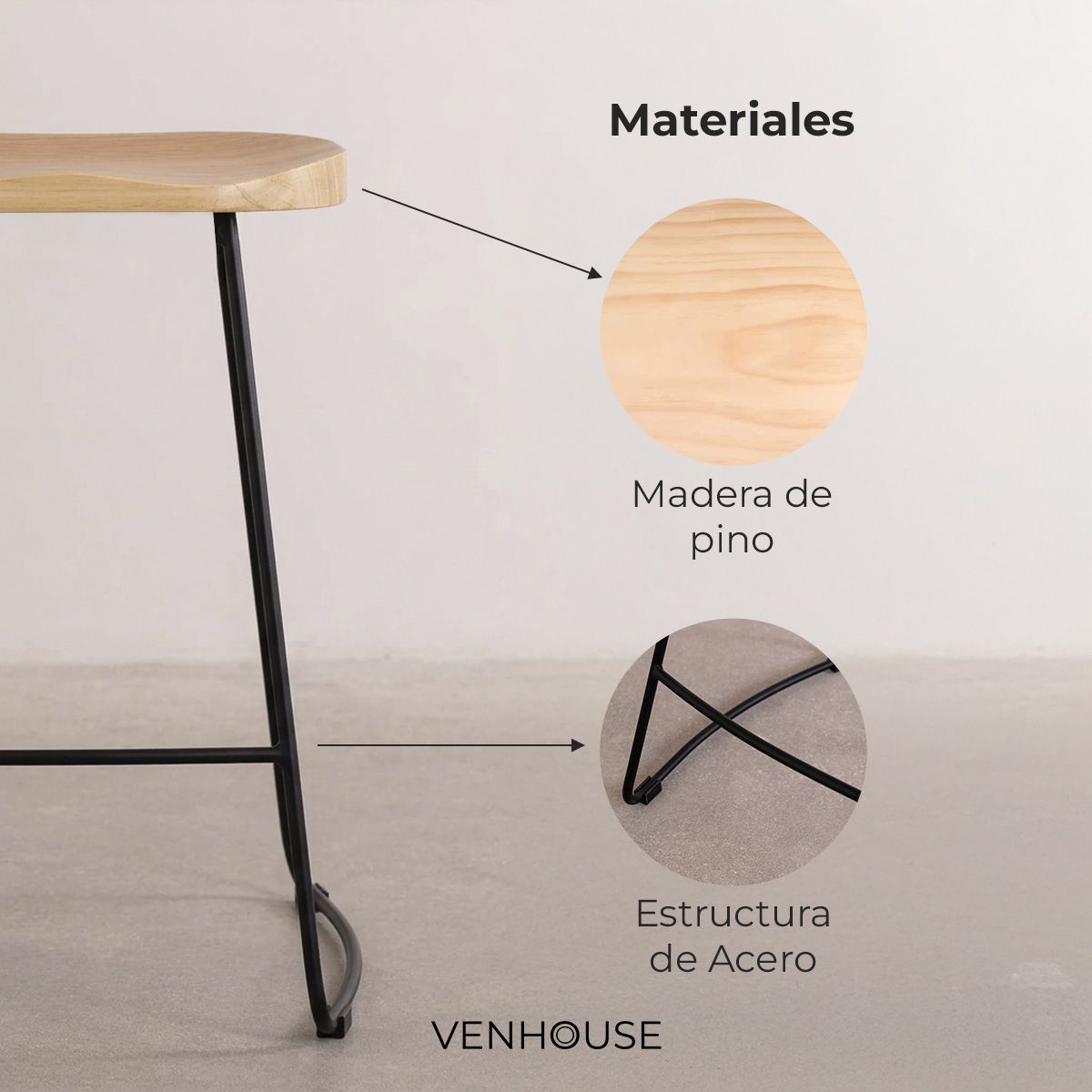 VENHOOUSE - Pack 2 Sillas Piso Bar Taburete Nara Madera Exterior O Cocina Negro