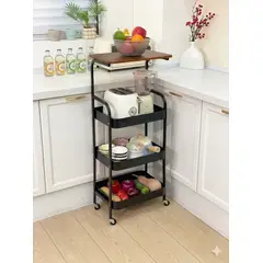GENERICO - Carrito organizador de cocina de 4 niveles con una tabla de madera superior