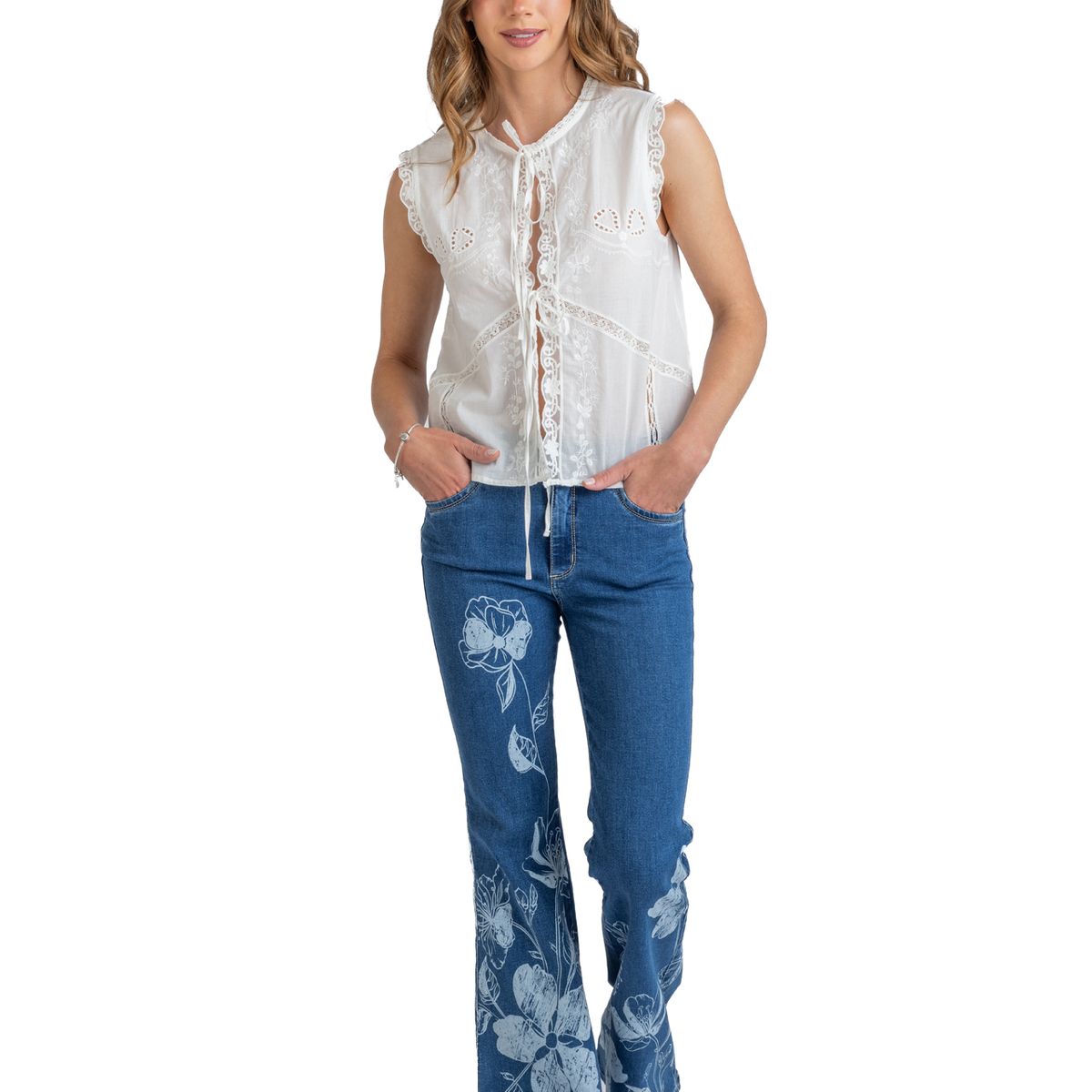 EFESIS - Blusa Broderie sin Mangas Mujer