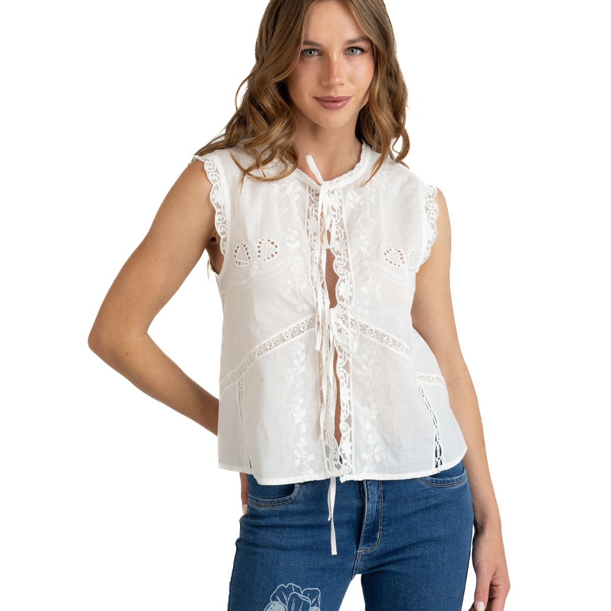 EFESIS - Blusa Broderie sin Mangas Mujer
