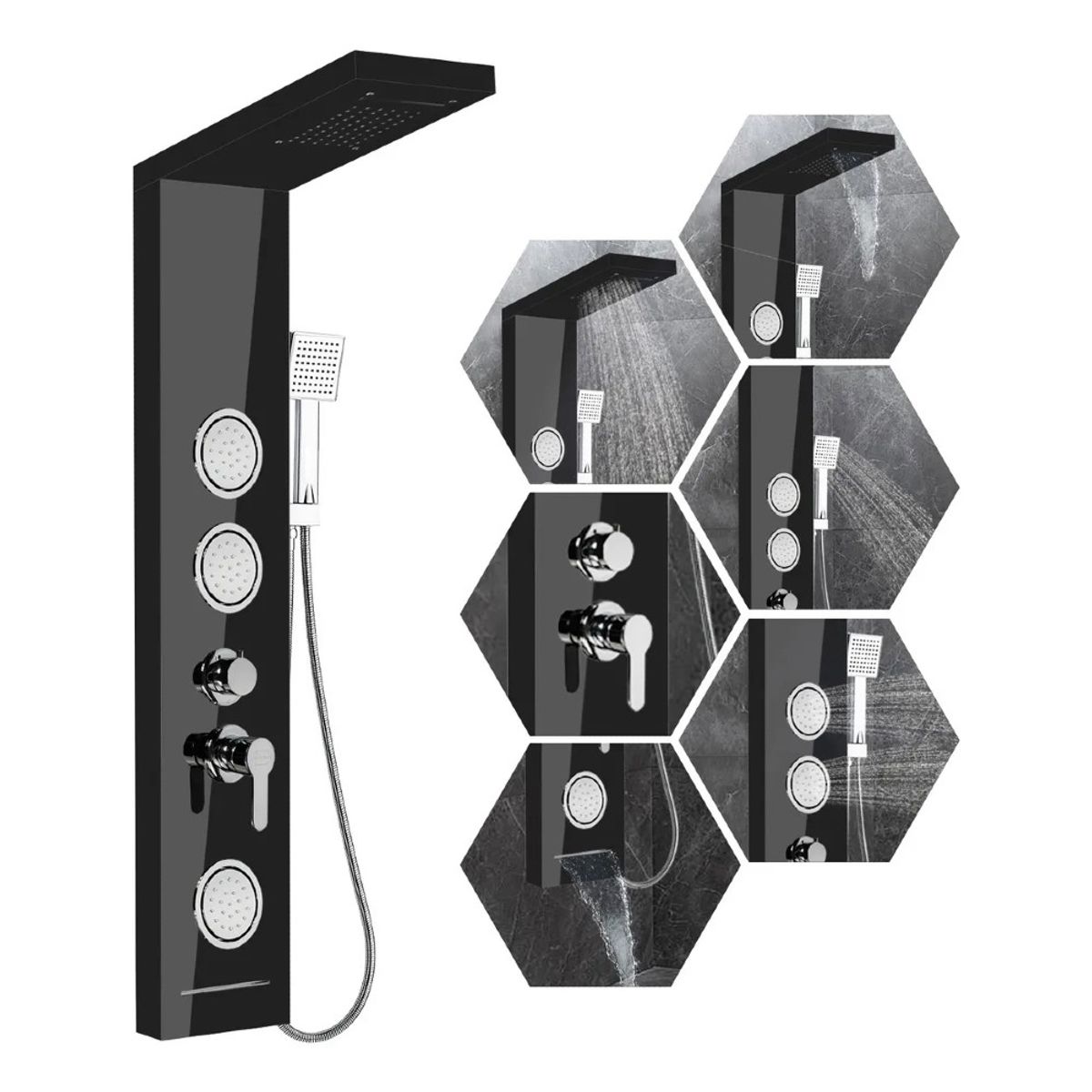 GENERICO - Columna De Ducha 5 Funciones 105x22cm 3 Jets Negro Brillante
