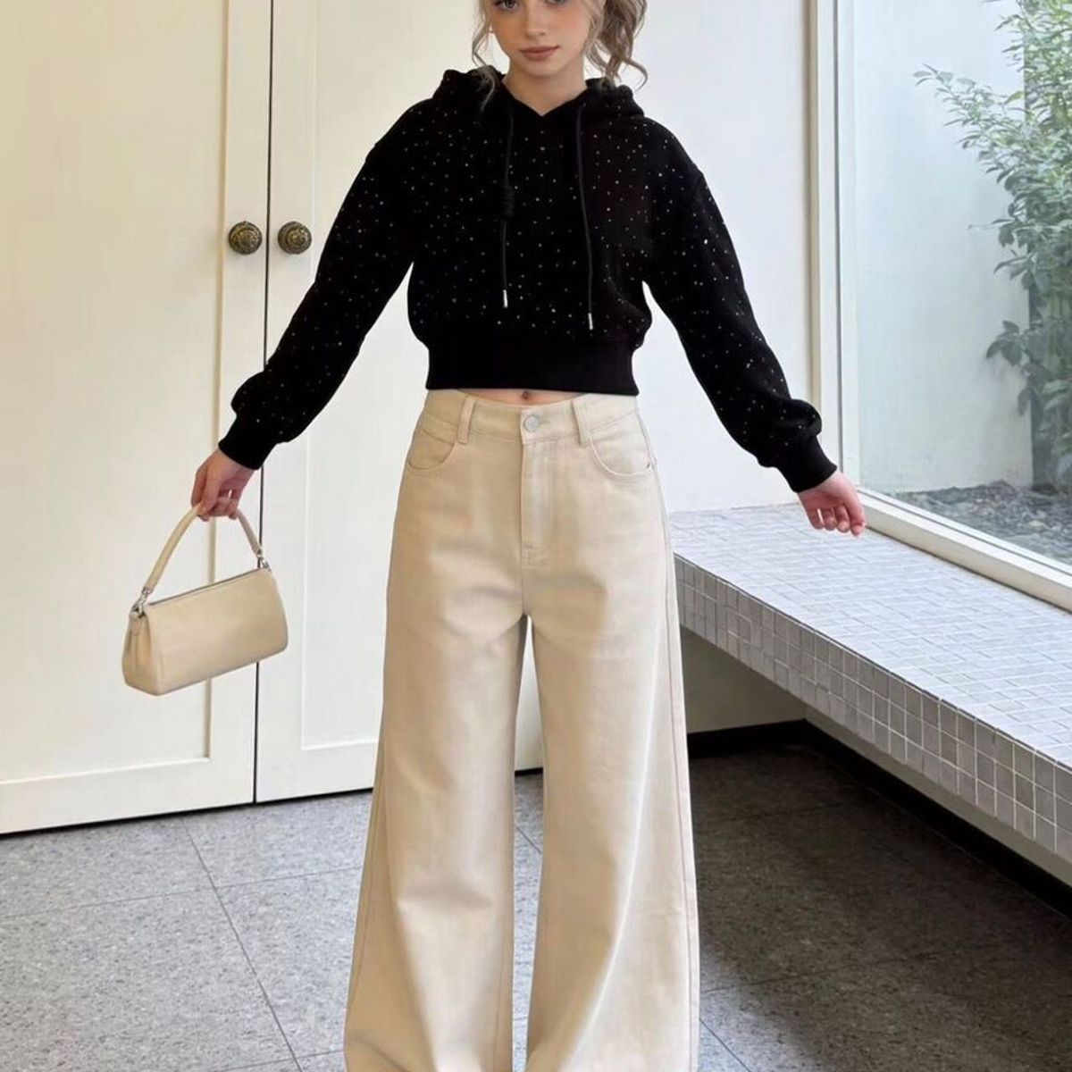 KIBOU - Chaleco Polerones Crop Juvenil Con Capucha Diseños Brillantes