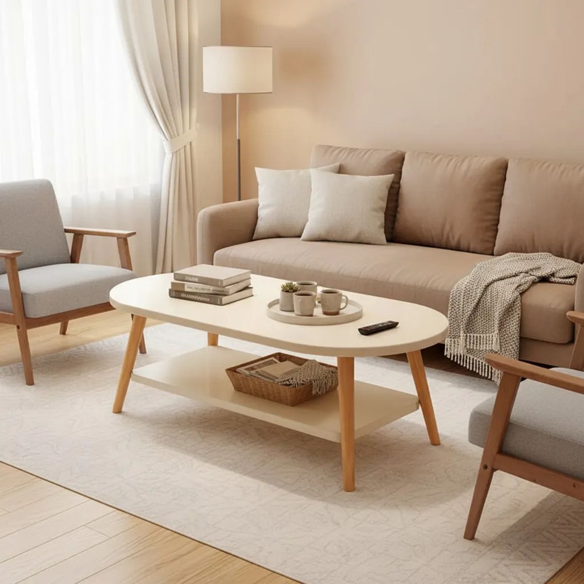 EVERSO - Mesa Auxiliar De Centro Redonda Madera 2 Niveles 20x60x42cm