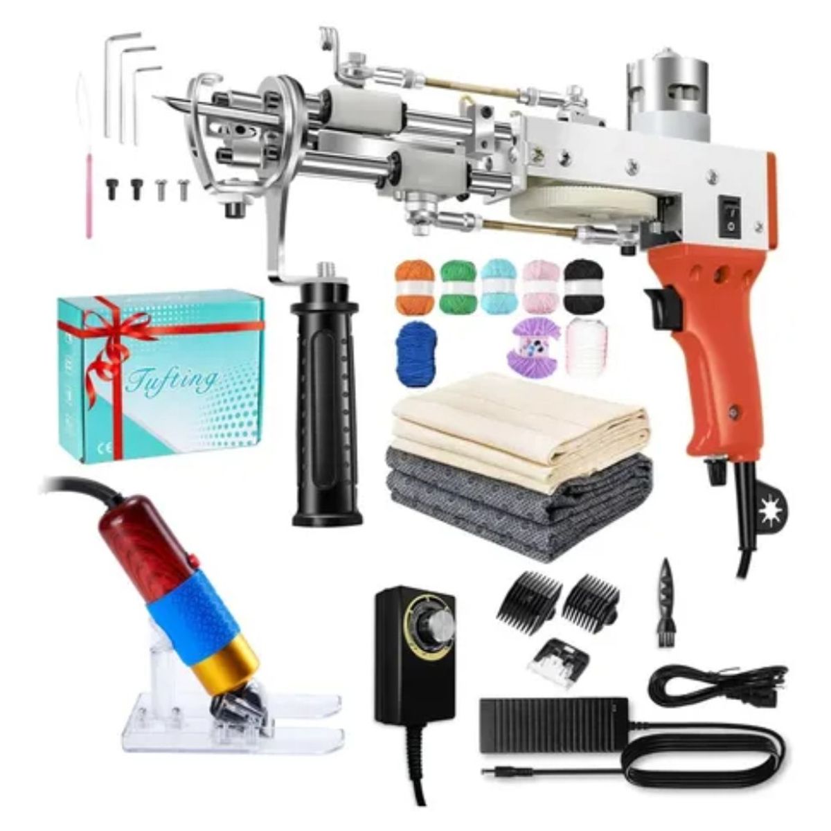 GENERICO - Kit Maquina Tufting + Esquiladora + Tela Base + Lanas 12pcs