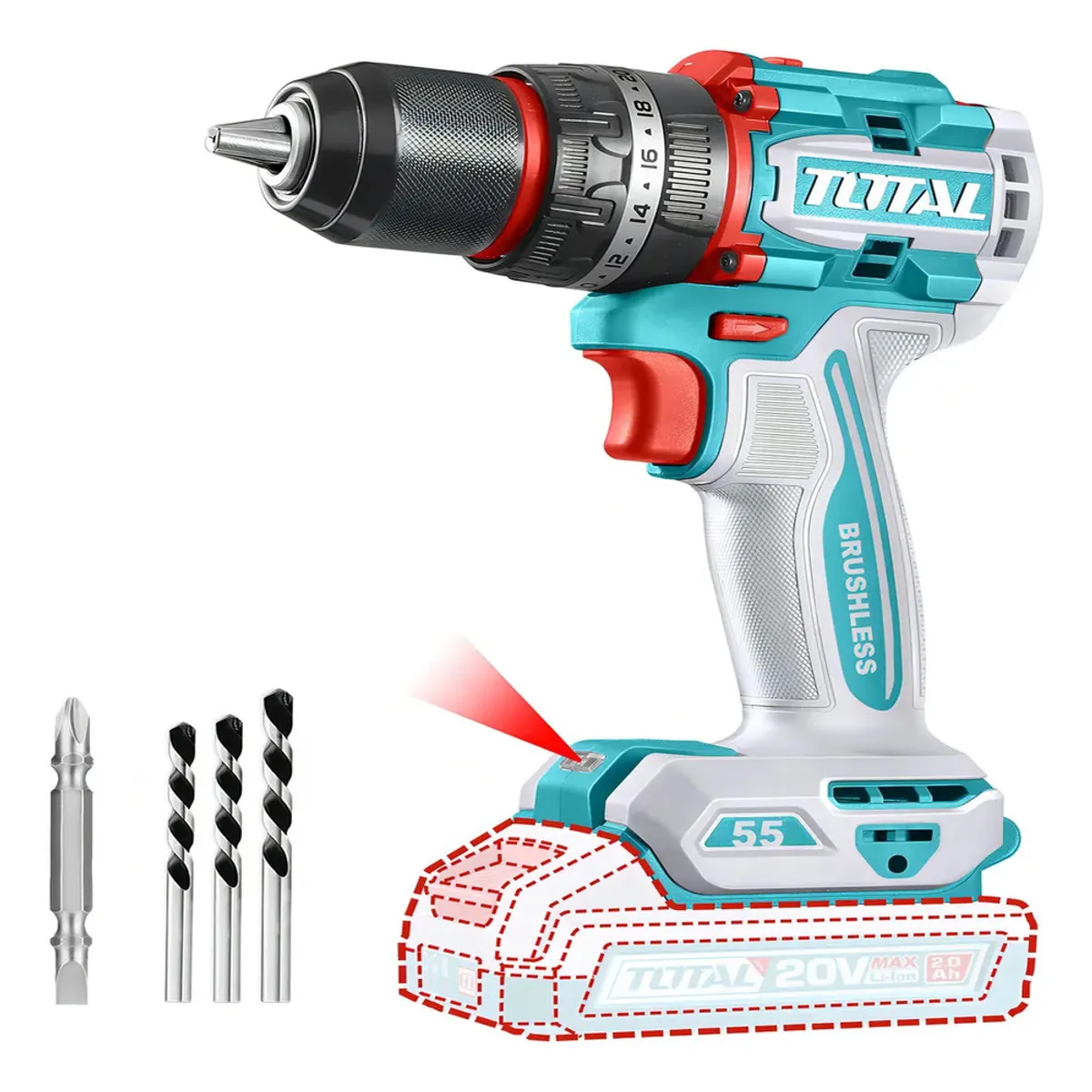 TOTAL TOOLS - Taladro Inalambrico de Impacto 13MM 20V 55NM Sin bateria Ni Cargador TIDLI205581