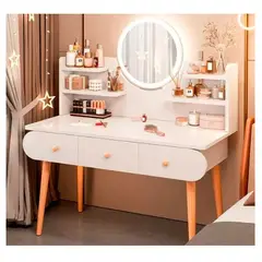 GENERICO - Tocador de Madera con Espejo y Luz Led - Peinadora con Silla - Color Blanco