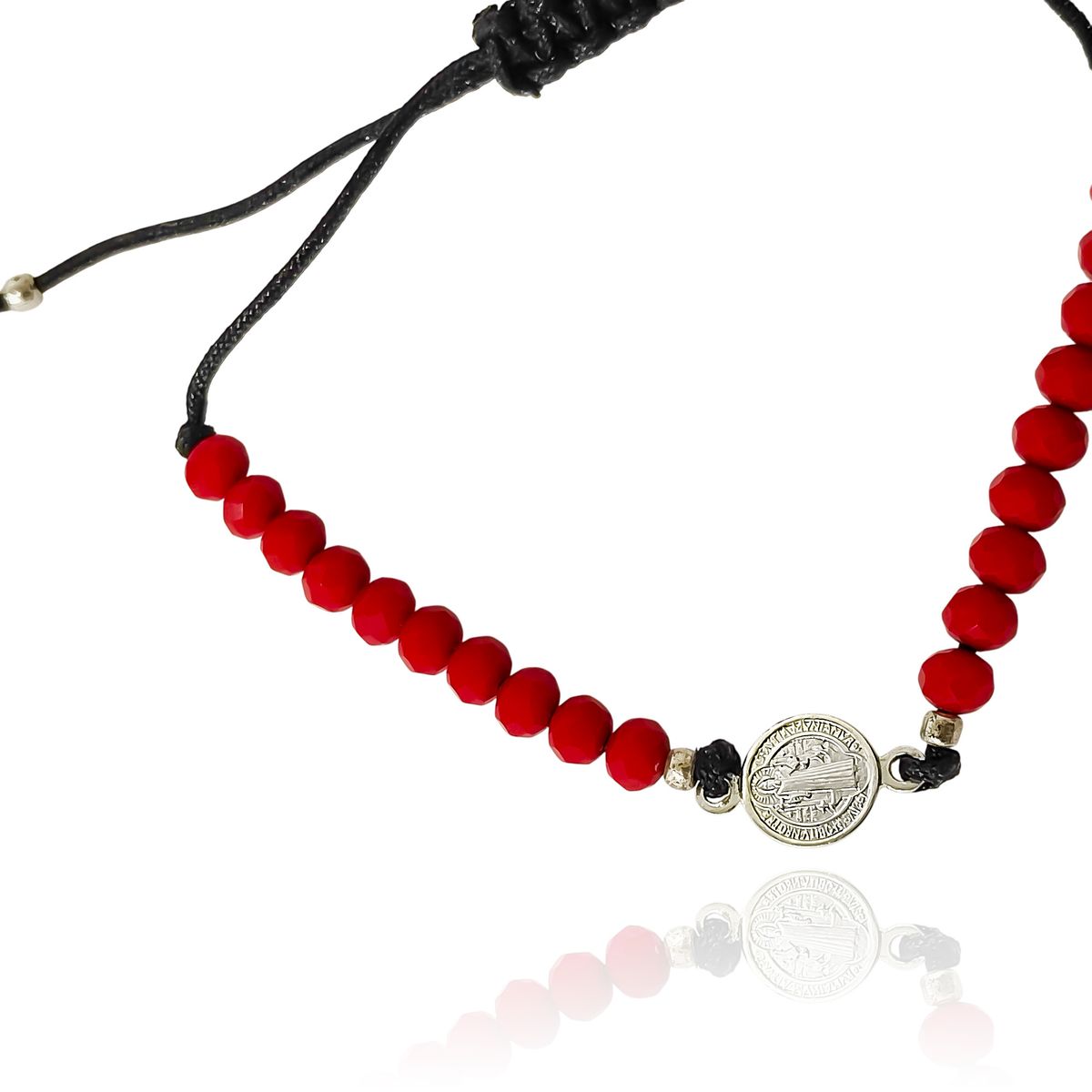 COGGIOLA - Pulsera Medalla San Benito Plata Fina 925 Cristal Cordón Negro