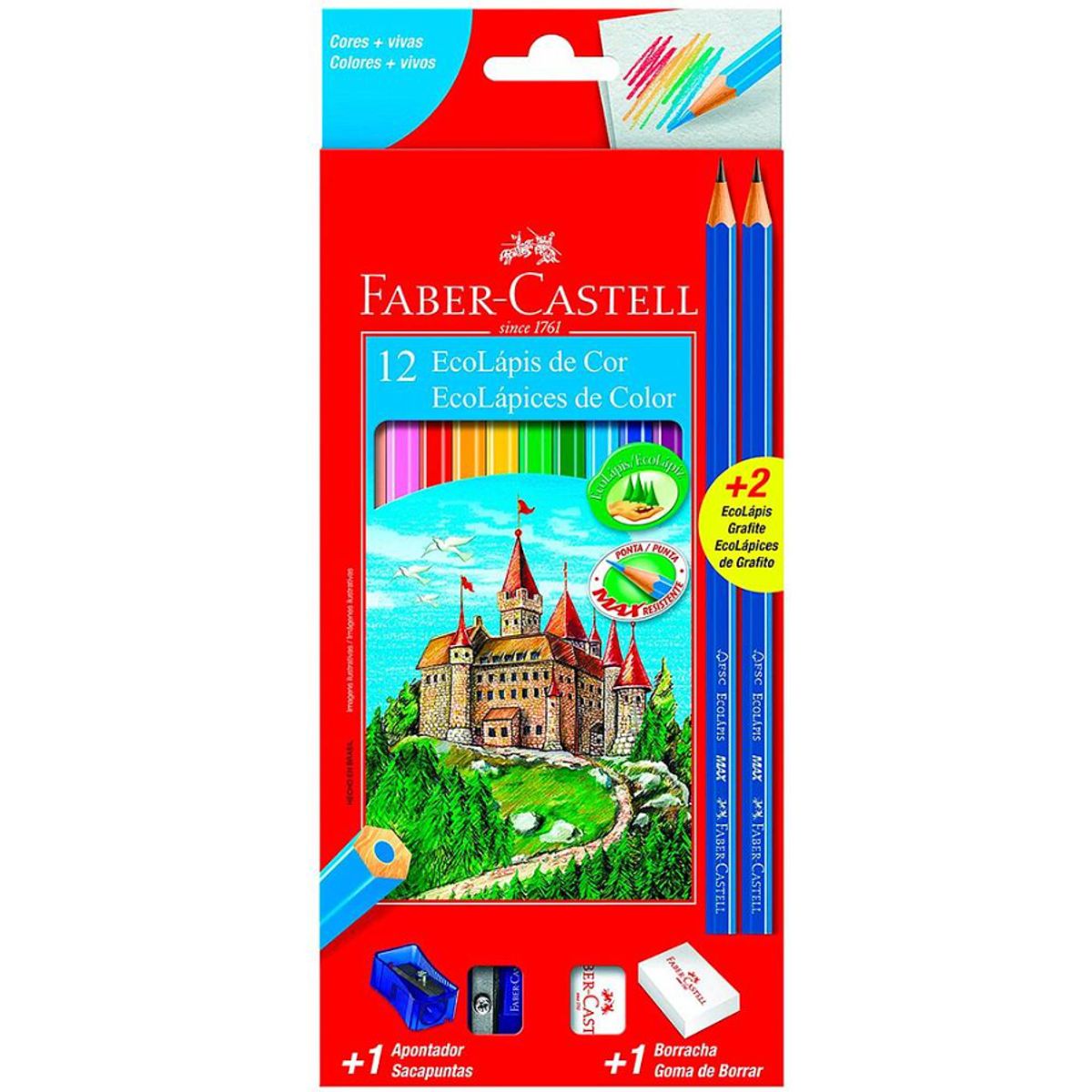 FABER-CASTELL - Lapices de colores largos + goma + sacapunta y dos grafitos FABER CASTELL