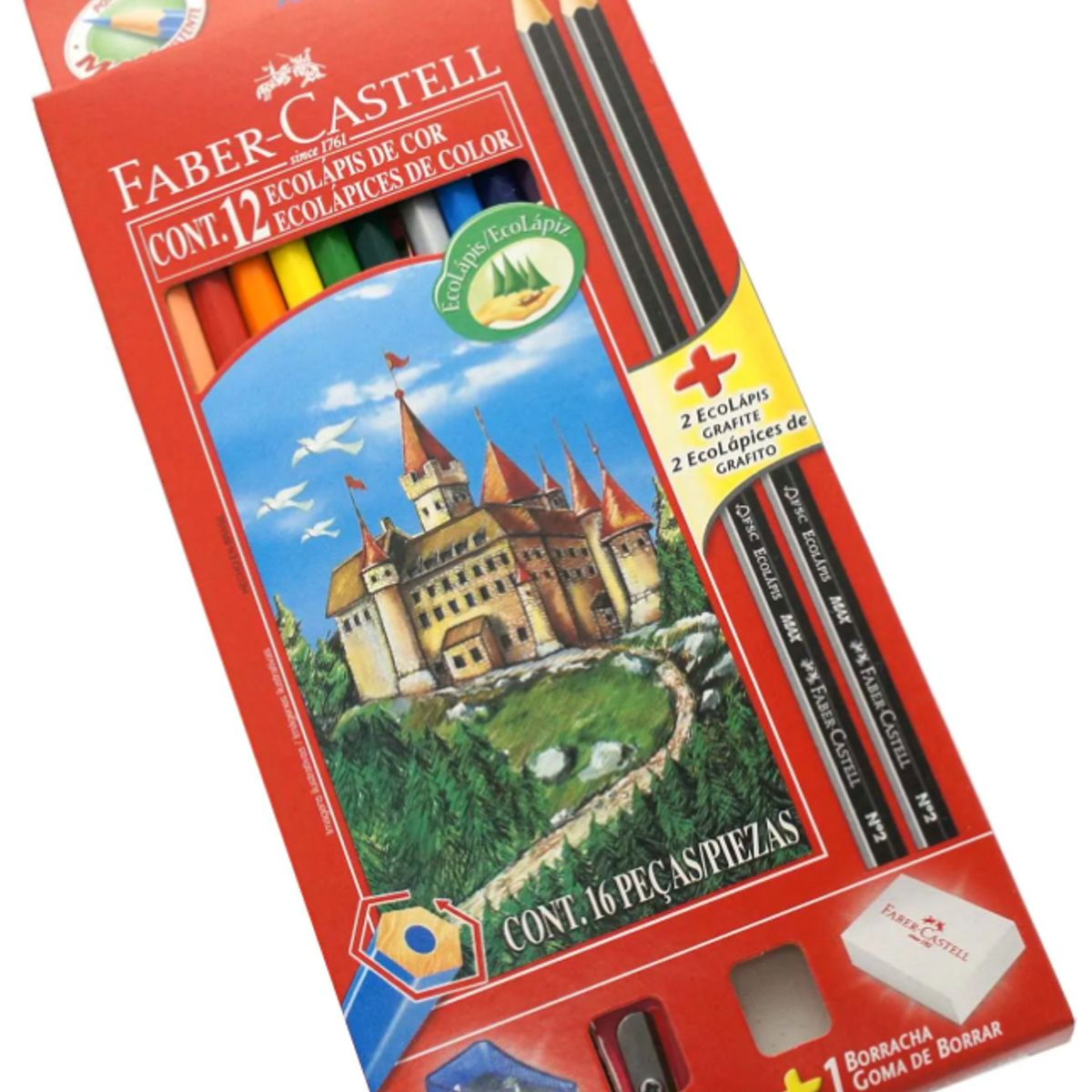 FABER-CASTELL - Lapices de colores largos + goma + sacapunta y dos grafitos FABER CASTELL