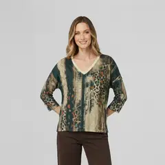 LINEATRE - Polera Mujer Josefina Overside Cuello En V Manga Caída Petroleo