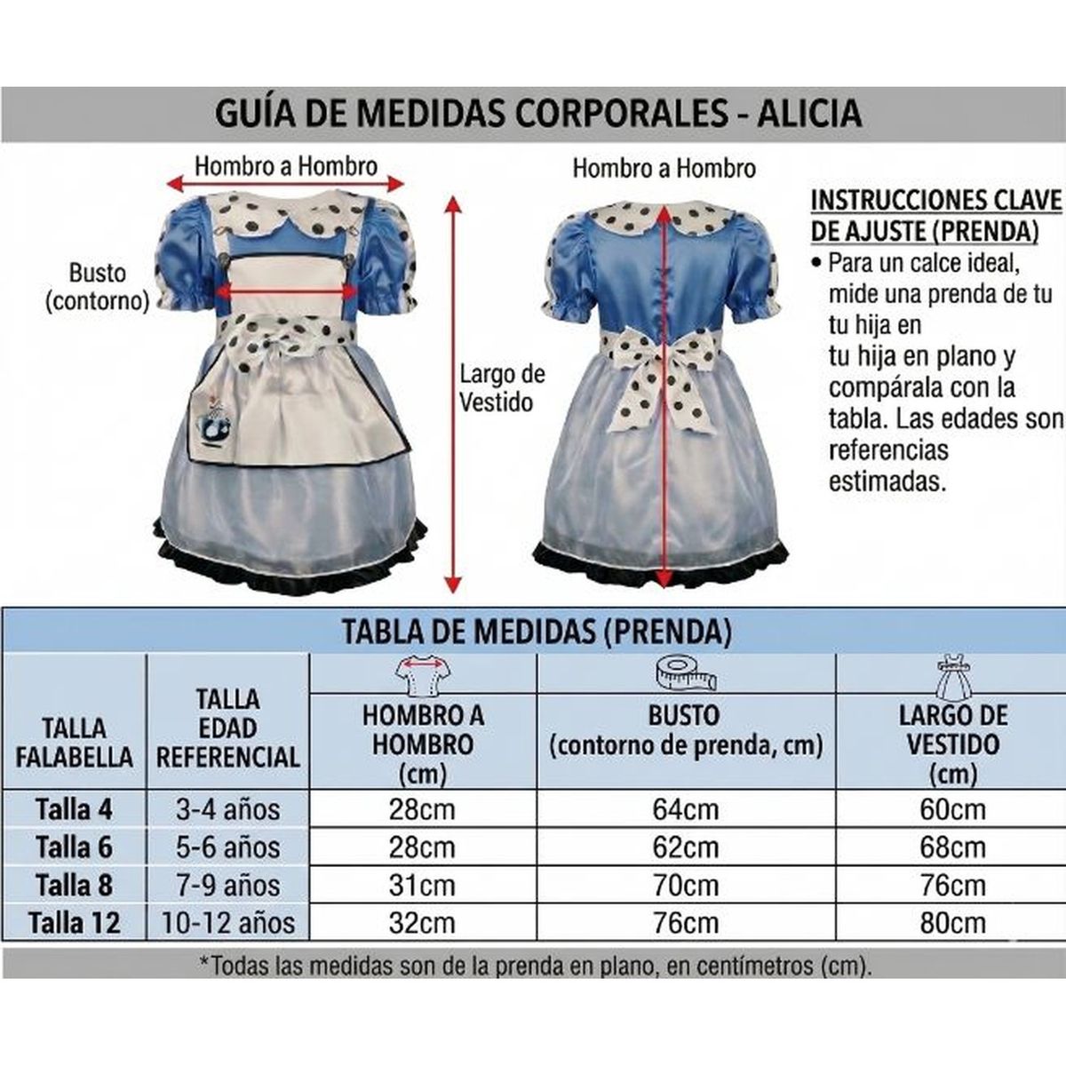 GENERICO - Disfraz Traje Vestido Alicia Cuentos Infantiles Celebracion Dia Del Libro Niñas