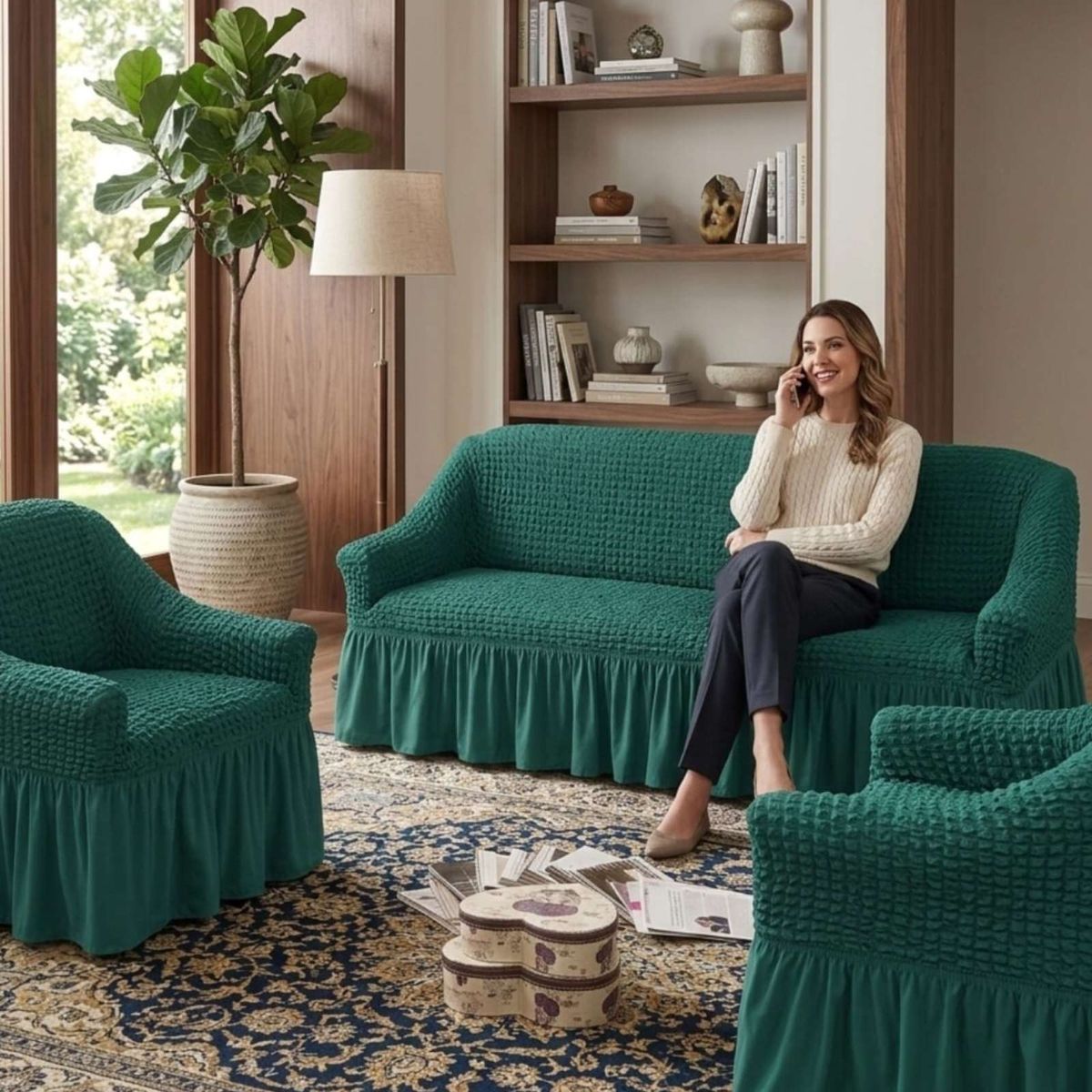 GENERICO - Cubre sillon 3+1+1 Diseño Sofisticado Turco con Vuelo Inferior