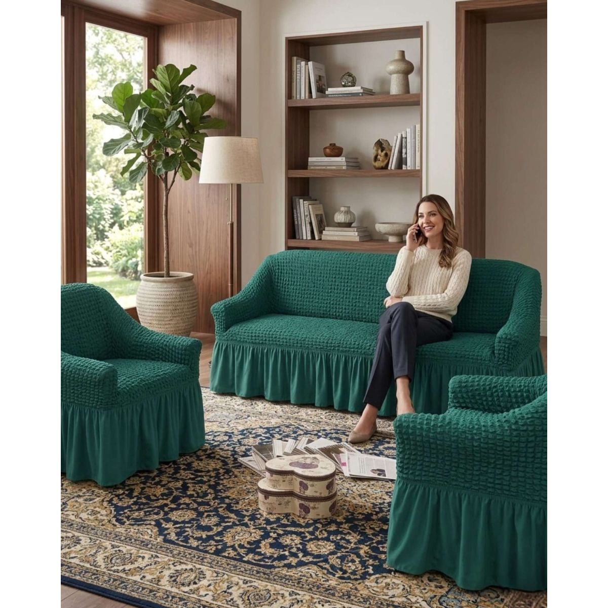 GENERICO - Cubre sillon 3+1+1 Diseño Sofisticado Turco con Vuelo Inferior