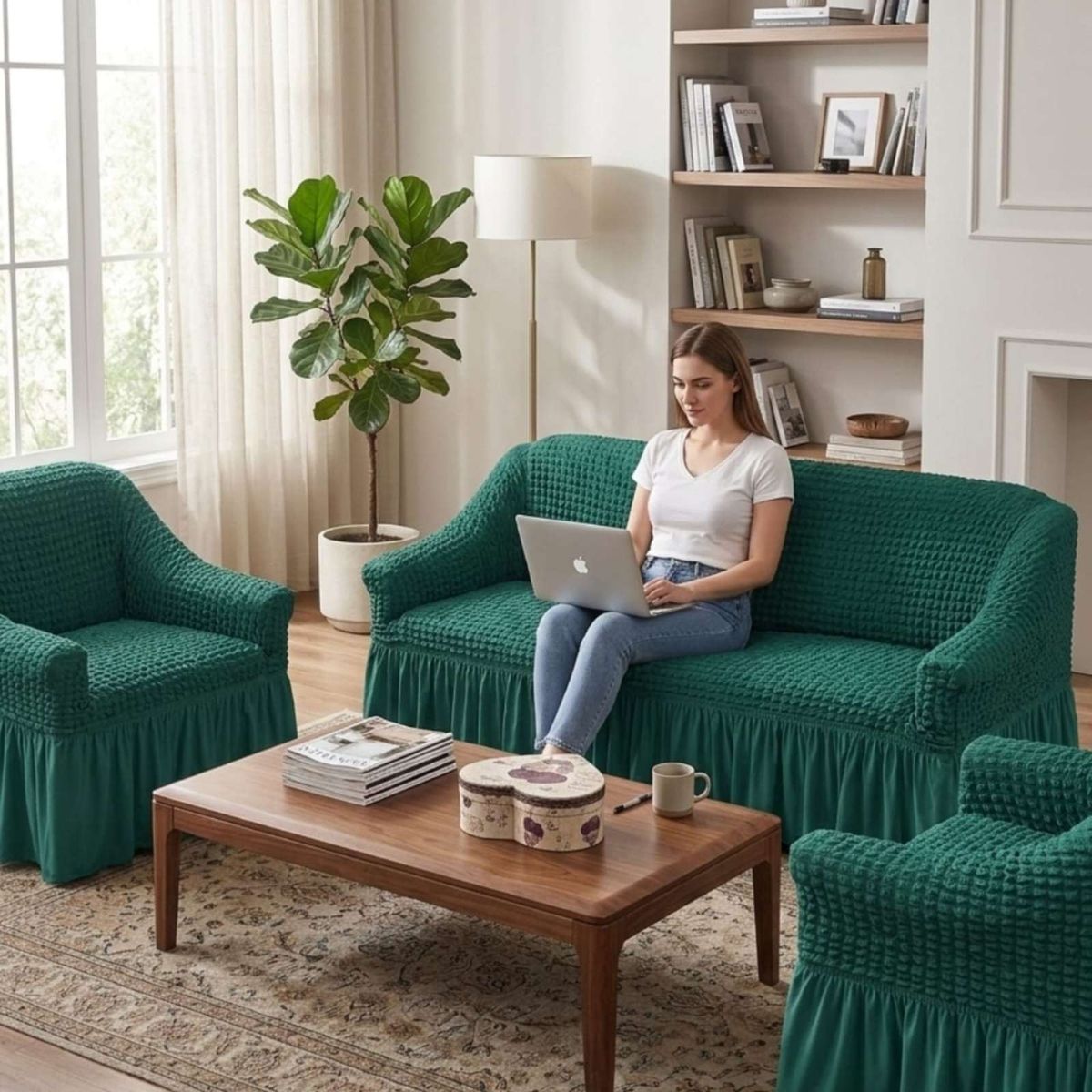 GENERICO - Cubre sillon 3+1+1 Diseño Sofisticado Turco con Vuelo Inferior