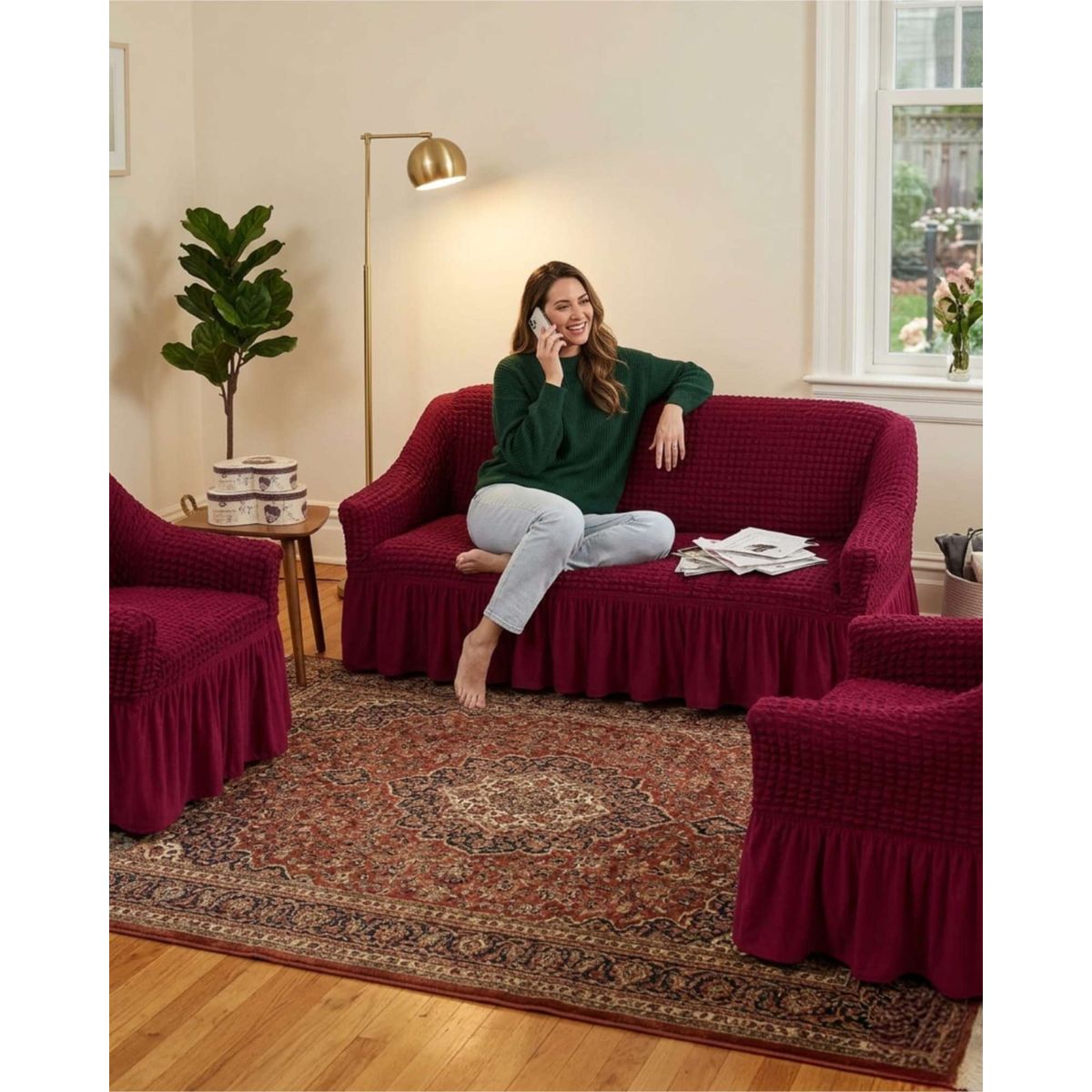 GENERICO - Cubre sillon 3+1+1 Diseño Sofisticado Turco con Vuelo Inferior