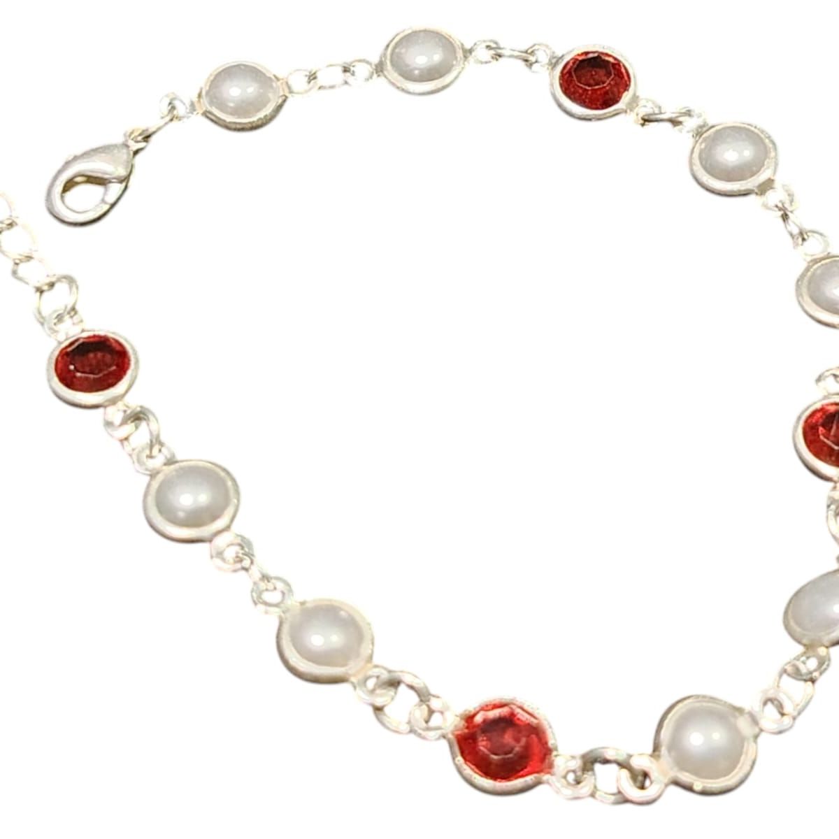 GENERICO - Pulsera Plata 925 Mujer con Perlas y Cristales Rojos Ajustable – Cafuné Studio