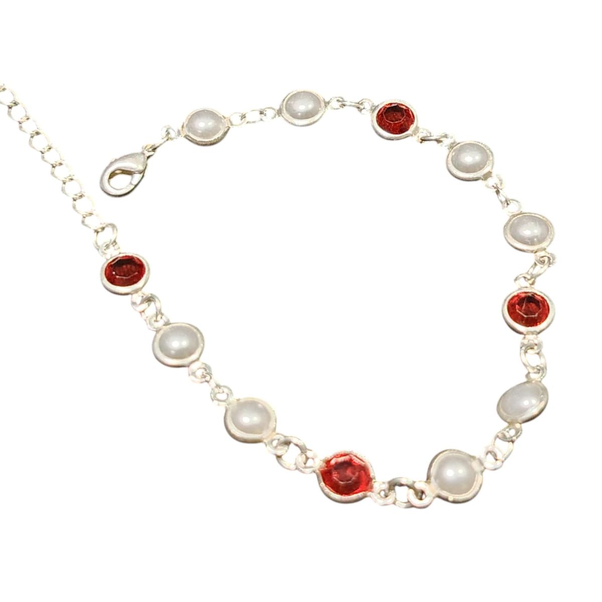 GENERICO - Pulsera Plata 925 Mujer con Perlas y Cristales Rojos Ajustable – Cafuné Studio