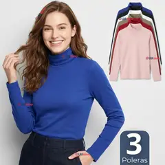 UTILISIMO - Pack 3 Camisetas Polera Bambú Primera Capa Cuello Beatle Manga Larga Colores Surtidos Mujer