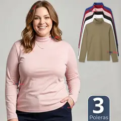 UTILISIMO - Pack 3 Camisetas Polera Bambú Primera Capa Cuello Beatle Manga Larga Colores Surtidos Mujer