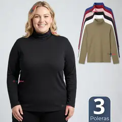 UTILISIMO - Pack 3 Camisetas Polera Bambú Primera Capa Cuello Beatle Manga Larga Colores Surtidos Mujer