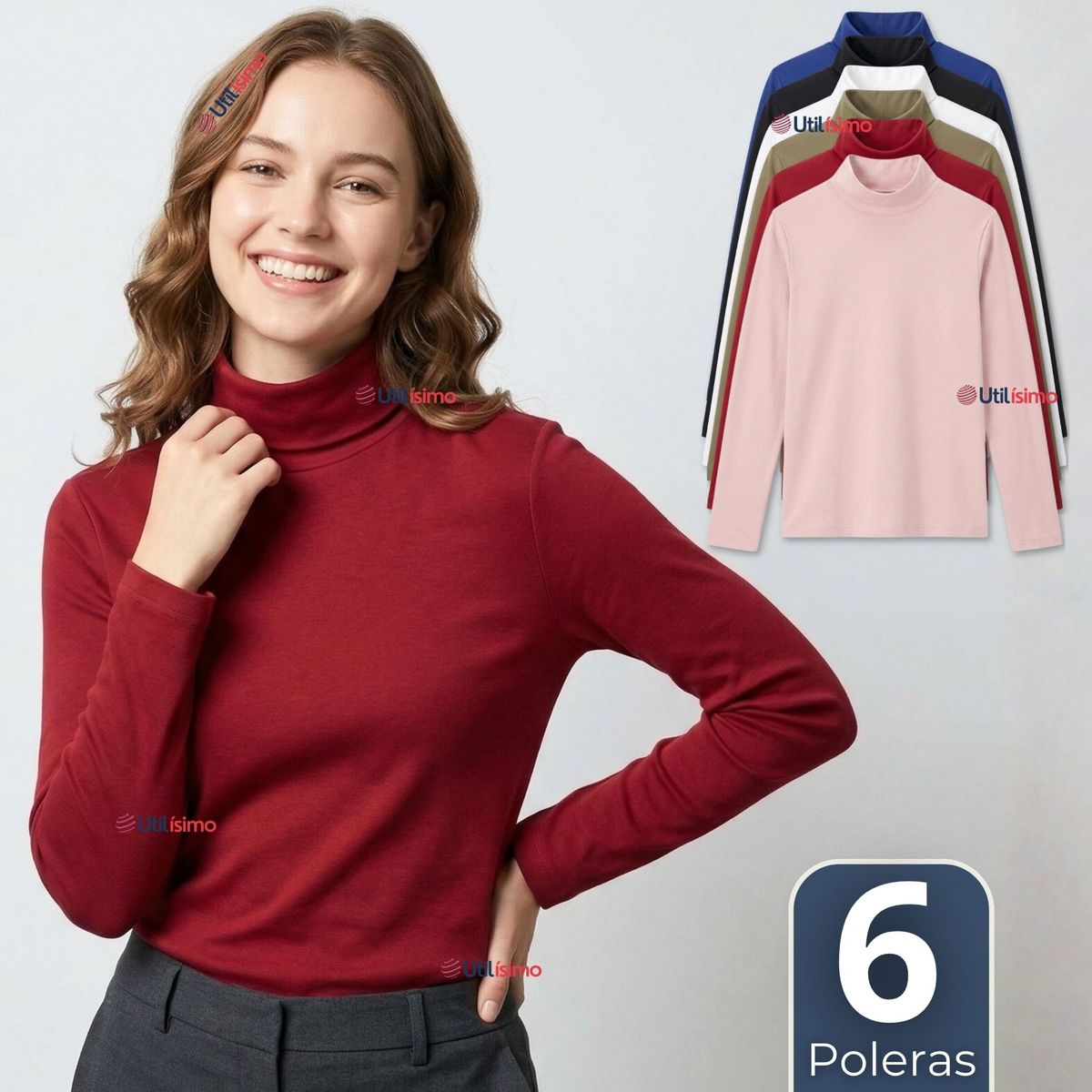 UTILISIMO - Pack 6 Camisetas Polera Bambú Primera Capa Cuello Beatle Manga Larga Colores Surtidos Mujer