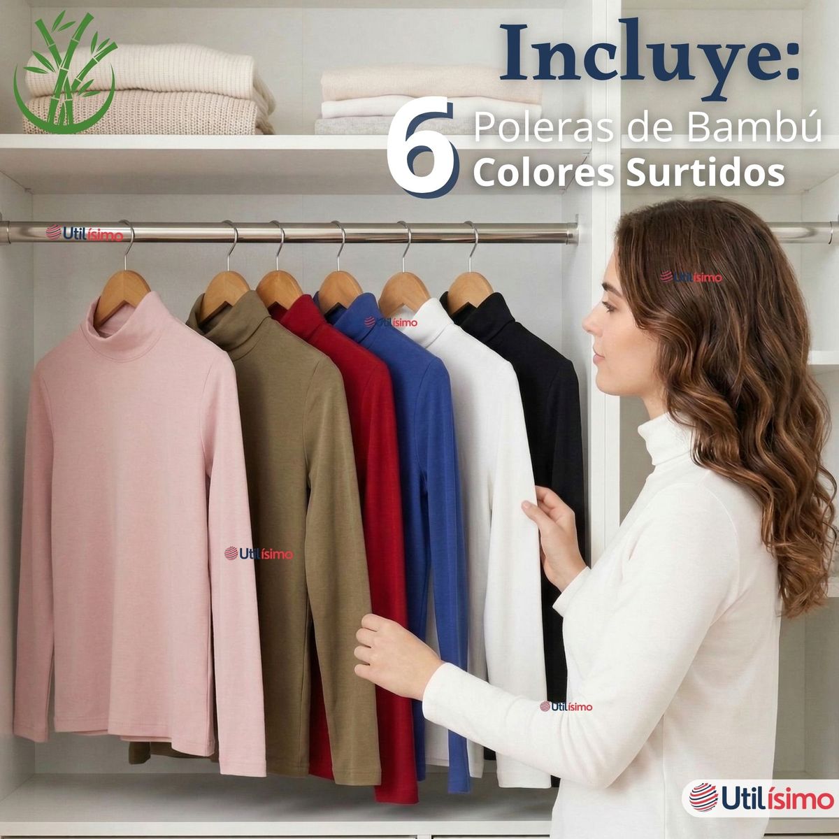 UTILISIMO - Pack 6 Camisetas Polera Bambú Primera Capa Cuello Beatle Manga Larga Colores Surtidos Mujer