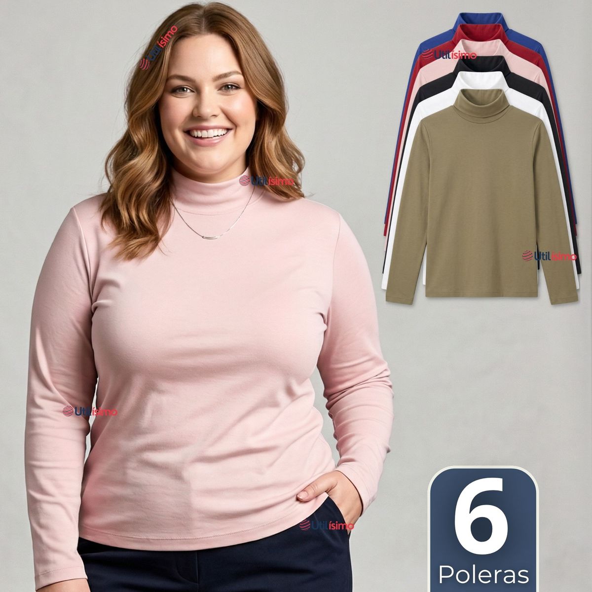 UTILISIMO - Pack 6 Camisetas Polera Bambú Primera Capa Cuello Beatle Manga Larga Colores Surtidos Mujer