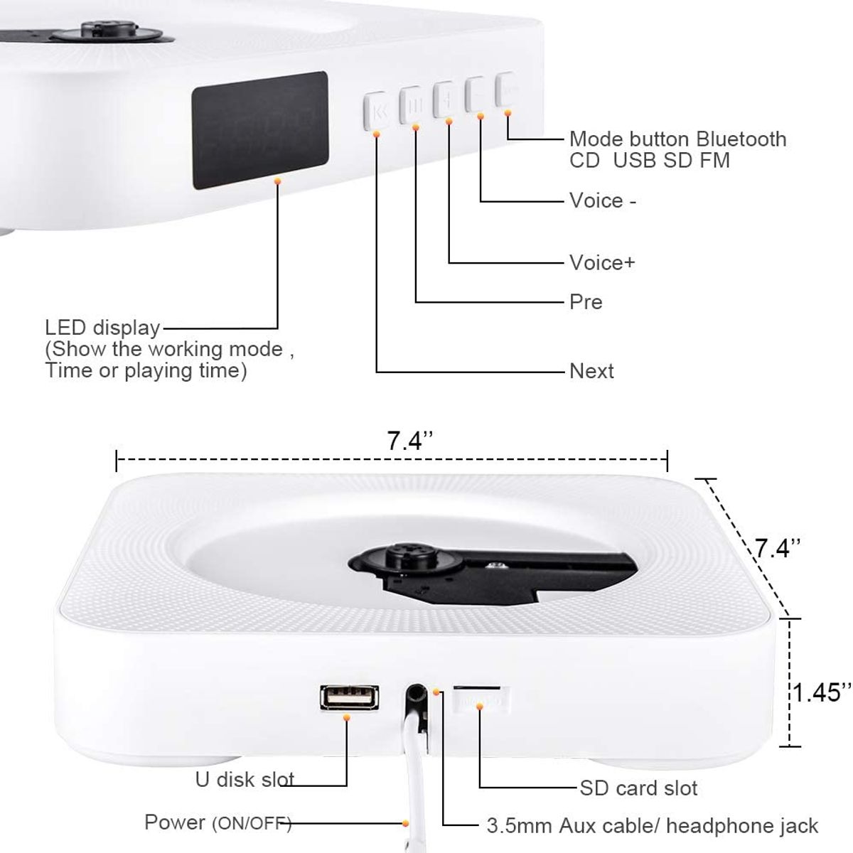 PUREPOWER - Reproductor de CD portátil con Bluetooth para montar en la pared
