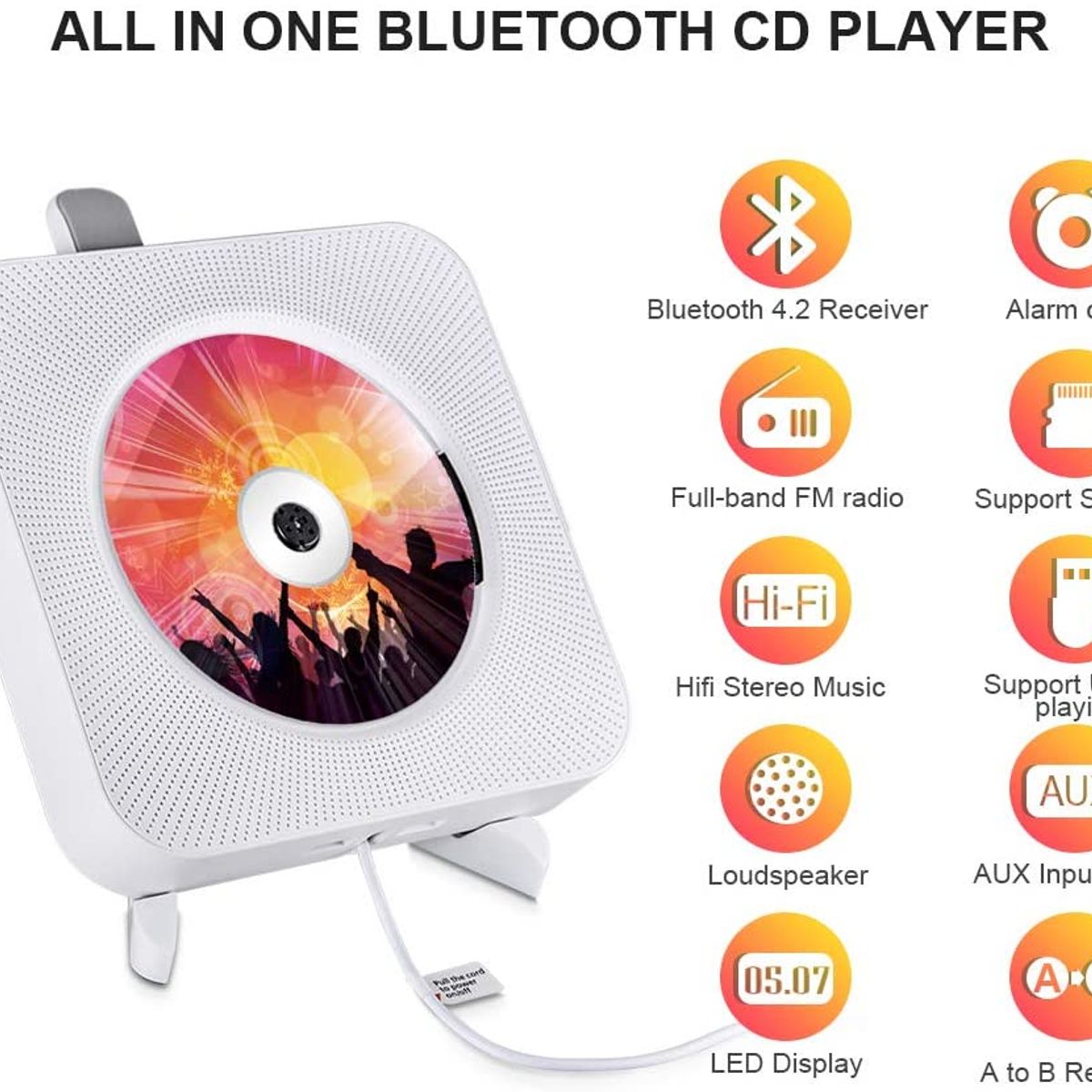 PUREPOWER - Reproductor de CD portátil con Bluetooth para montar en la pared