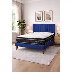 GENERICO - Cama Plaza y Media Turin Azul Respaldo + Base + Colchon Mery Desing Excellence Plus